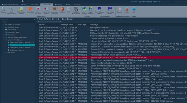 TSM Studio Server live monitoring dashboard with real-time server messages