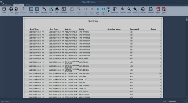 SPStudio summary report with backup and storage data